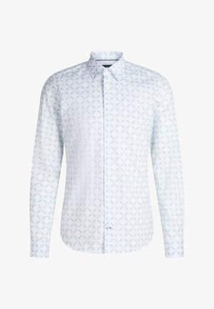 Witte lange mouwen blouse met knopen, voorzien van een subtiel lichtblauw geometrisch patroon en een puntige kraag.