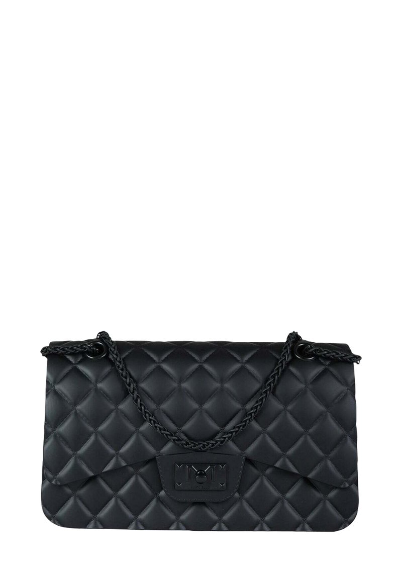 Borsa trapuntata nera con tracolla a catena, caratterizzata da una texture liscia e una forma rettangolare. Include un dettaglio in metallo con il marchio sul davanti.