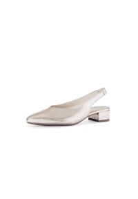 Escarpin slingback en argent métallisé avec un bout pointu et un petit talon carré. Texture lisse, design minimaliste et sans matériel visible.