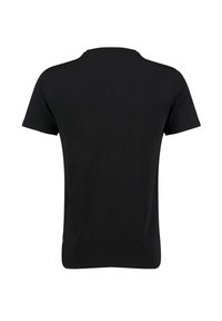 Camiseta corta de manga negra y cuello redondo mostrada desde la parte posterior sobre un fondo blanco.