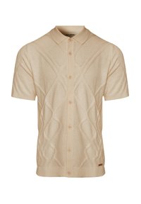 Cárdigan de punto de mangas cortas en color beige con un patrón de diamante texturizado, que cuenta con un cuello tipo solapa, cinco botones y un dobladillo acanalado.