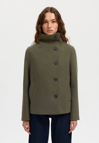 Olive green wool blend coat with a high collar, five black buttons, and two front pockets; features a structured fit and smooth texture.