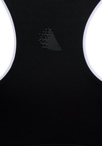 Canotta sportiva nera con bordo bianco, caratterizzata da una grafica del logo gray testurizzata. Tessuto liscio con un design aderente e schienale aperto.