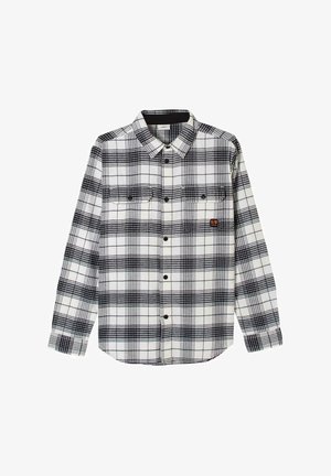 Zwart-wit geruite lange mouwen overhemd met knoopsluiting voor, twee borstzakken, kraag en een klein oranje label op de linker borstzak.