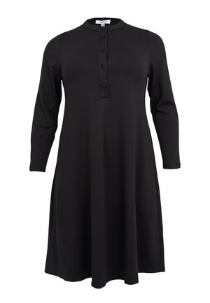 Zwarte jurk met een ronde kraag, lange mouwen en een knopenlijst met vier knopen. Gemaakt van een soepele stof met een losse fit.