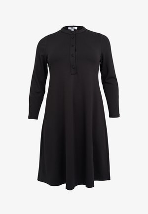 Robe noire avec un col arrondi, des manches longues et une patte de boutonnage comportant quatre boutons. Fabriquée en tissu lisse avec une coupe ample.