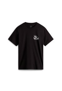 Sort bomulds T-shirt med korte ærmer, der har hvid kursiv tekst "Har haft en god tid!" samt et logo på venstre brystområde.