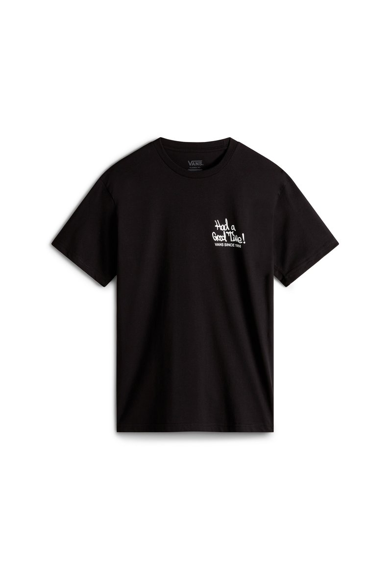 Sort bomulds T-shirt med korte ærmer, der har hvid kursiv tekst "Har haft en god tid!" samt et logo på venstre brystområde.