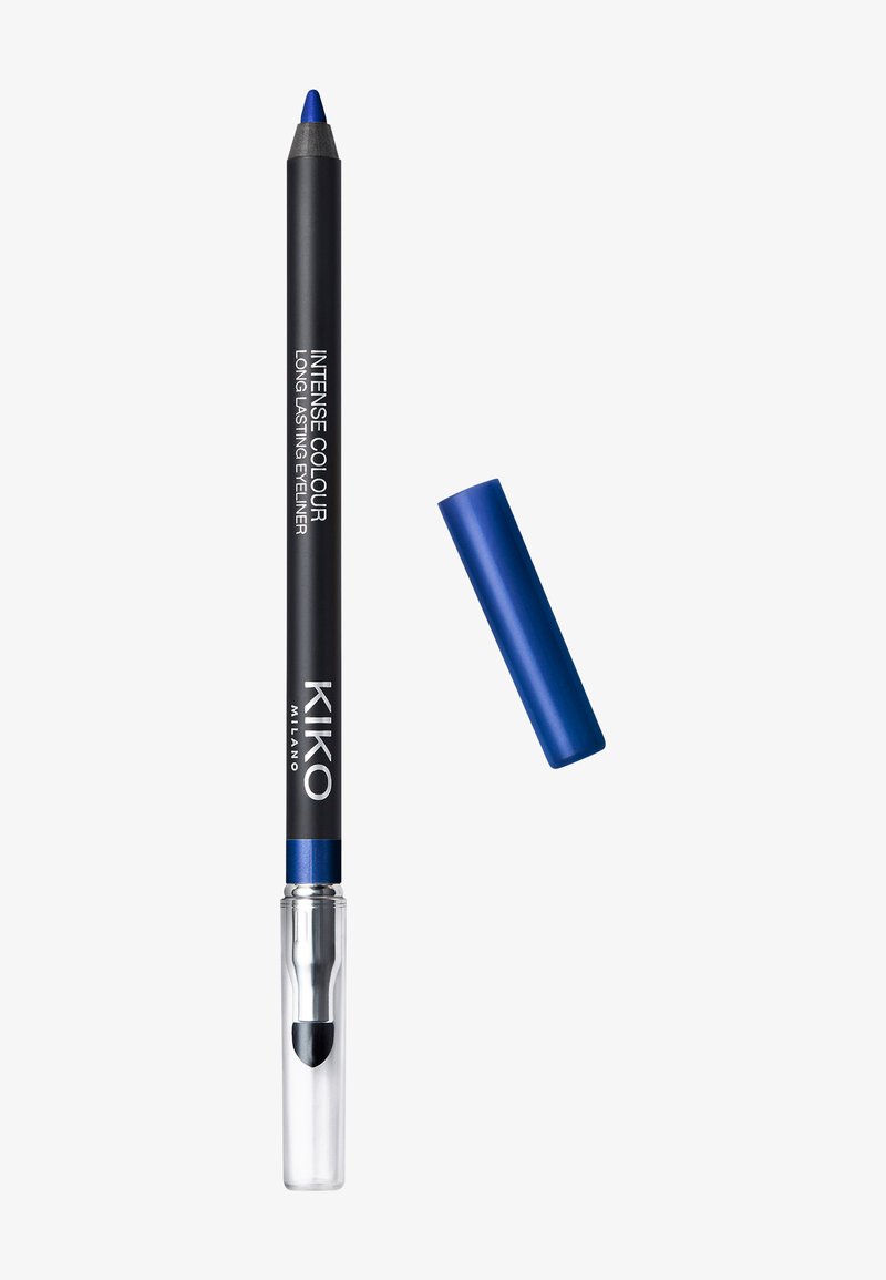 KIKO Milano Intense Colour eyeliner i en sort cylindrisk krop med en blå spids; gennemsigtigt låg med indbygget spidser i enden.