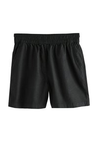 Shorts noirs décontractés avec taille élastique et poches latérales, fabriqués en tissu léger, conçus pour le confort et la liberté de mouvement.