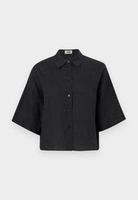 Camicia nera in lino corta con colletto a punta, maniche corte e chiusura con bottoni frontali. Presenta una vestibilità rilassata e una texture liscia.