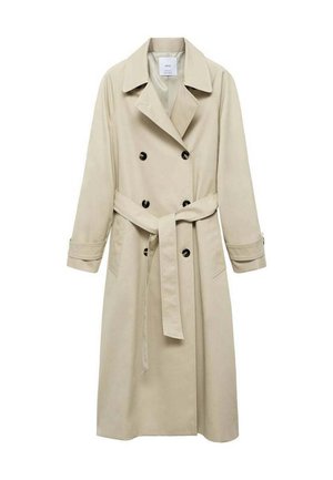 Beige trench coat made of cotton blend, featuring double-breasted button closure, wide lapels, belted waist, and two side pockets.