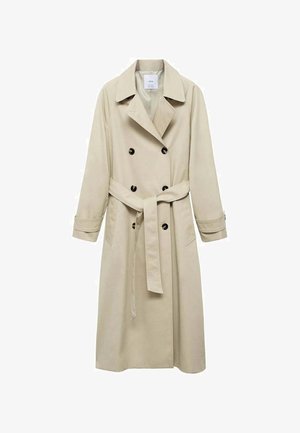 Beige trench coat made of cotton blend, featuring double-breasted button closure, wide lapels, belted waist, and two side pockets.