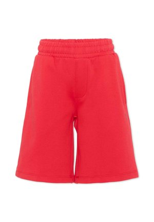 Rode knielange shorts met een elastische tailleband en zijzakken, gemaakt van zachte, comfortabele stof.