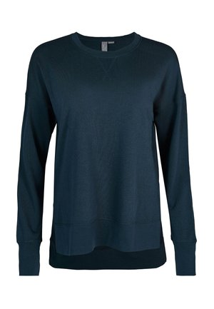 Dark navy blue long-sleeve crewneck sweatshirt with ribbed cuffs and hem, featuring a small stitched "V" detail at the neckline.