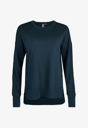Dark navy blue long-sleeve crewneck sweatshirt with ribbed cuffs and hem, featuring a small stitched "V" detail at the neckline.