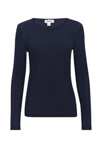 Navy blue long-sleeve top made from a lightweight, textured fabric with a round neckline and fitted design. Label reads "soaked."