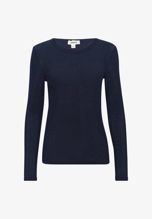 Jūras zilas garām piedurknēm tops, kas izgatavots no viegla, teksturēta auduma ar apaļu kakla izgriezumu un pieguļošu dizainu. Etiķete norāda "soaked."