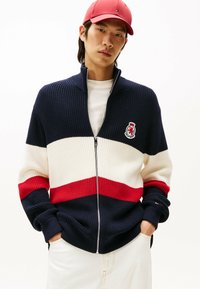 Marineblå og hvid strikket zip-sweater med røde og hvide vandrette striber og et logo-patch på brystet. Båret over en hvid skjorte.