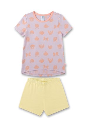 Lila Kurzarmhemd mit Pfirsich-Tiermustern und einer gelben Shorts, aus leichtem Stoff, mit einem elastischen Bund.