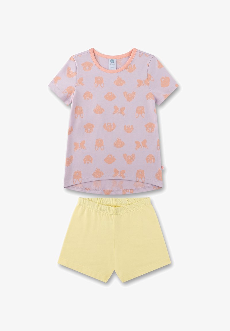 Lila Kurzarmhemd mit Pfirsich-Tiermustern und einer gelben Shorts, aus leichtem Stoff, mit einem elastischen Bund.