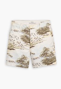 Short chino clair pour homme avec imprimé tropical de palmiers, montagnes et eau, doté de passants de ceinture et fermeture avant à boutons.