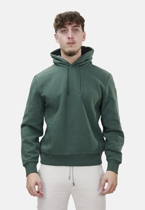 Felpa verde con tasca a marsupio frontale, cappuccio con cordino e polsini a costine. Realizzata in tessuto morbido con una finitura leggermente strutturata.