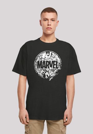Black cotton t-shirt featuring a circular white graphic with various comic characters and the word "MARVEL" in the center. Short sleeves.