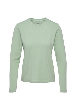 Langärmliges mintgrünes Shirt aus weichem Stoff. Verfügt über einen Rundhalsausschnitt und ein kleines weißes Logo auf der linken Brustseite.