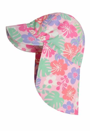 Cappello con visiera curva di colore rosa e flap posteriore allungato, realizzato in tessuto leggero con un motivo floreale multicolore nei toni del rosa, viola e verde.