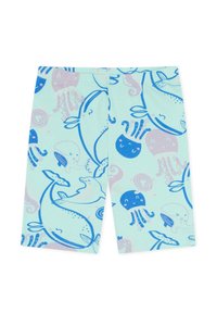 Jasnoniebieskie szorty wykonane z bawełny, z kolorowym nadrukiem przedstawiającym morskie stworzenia, takie jak wieloryby, meduzy i inne stworzenia morskie w odcieniach niebieskiego i różowego.