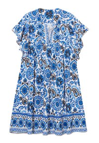 Kleid aus leichtem Stoff mit blauem und schwarzem Blumenmuster, kurzen Flatterärmel, V-Ausschnitt und dekorativem Saum.