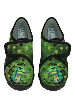 Grüne Kinderschlappen mit Dinosaurier-Design, schwarzem Besatz und verstellbaren Klettverschlüssen.