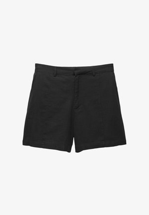 Black linen shorts with a tailored design, flat front, belt loops, and side pockets. Smooth texture with a clean cut hem.