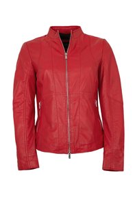 Rote Lederjacke mit Reißverschluss vorne, hohem Kragen und zwei seitlichen Reißverschlusstaschen. Mit sichtbaren Steppnähten und figurbetontem Schnitt.