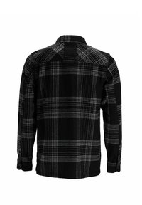 Vue arrière d'une chemise à manches longues à carreaux noirs et gris avec des poignets boutonnés et une petite pièce noire sous le col.