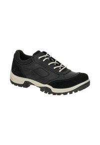Zapato de senderismo negro que presenta una combinación de materiales de cuero y gamuza, con cordones grises, suela acolchada y suela exterior de goma resistente.