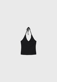Černý halter top s výstřihem do V. Vyrobeno z žebrované látky, má nastavitelné šňůrky a přiléhavý střih. Jednoduchý design, bez vzorů.