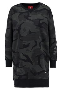 Sweat-shirt à manches longues imprimé camouflage gris foncé et noir avec poignets côtelés, col en V, petit logo sur le bas devant et détail du numéro sur la manche.