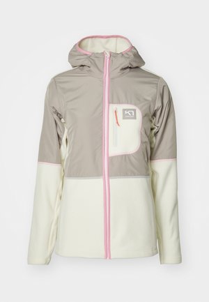 Ανάλαφρο μπουφάν σε μπεζ και κρέμα. Διαθέτει κουκούλα με φερμουάρ, τσέπη στο στήθος, ροζ λεπτομέρειες και δίχρωμο σχέδιο με μαλακή υφή.