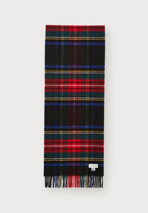 Rutete skjerf med røde, svarte, grønne, blå og gule mønstre. Laget av mykt materiale med frynser på kantene og en liten logotag.