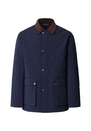 Navy quilted jacket featuring a brown corduroy collar, snap buttons, and two front pockets; smooth texture with a diamond pattern.