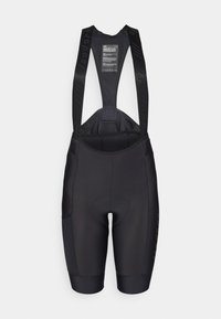 Svart polstret sykkel-bibshorts med justerbare stropper, glatt stoff og avsmalnende ben med sidelommer og merkevaredetaljer.