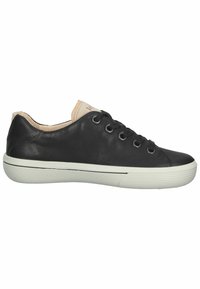 Baskets en cuir noir avec bout rond, semelle plate en caoutchouc blanc, et laçage frontal. Caractéristiques d'une marque discrète sur la languette et de détails de couture.
