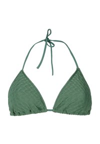 Trojuholníkový bikiny top v textúrovanom zelenom materiáli s tenkými viazacími popruhmi. Obsahuje zhromaždený spodný diel a vzor pripomínajúci listy na povrchu.
