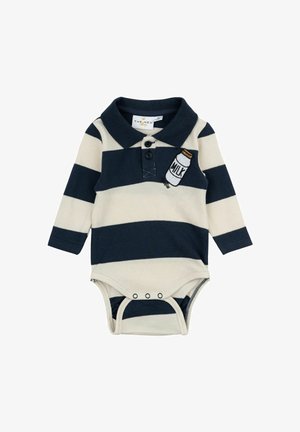 Šalčio ir grietinėlės juostelėmis išsiuvinėtas kūno kostiumas su polo apykakle, turintis išsiuvinėtą pieno buteliuko aplikaciją ir spaudžiamą užsegimą apačioje.