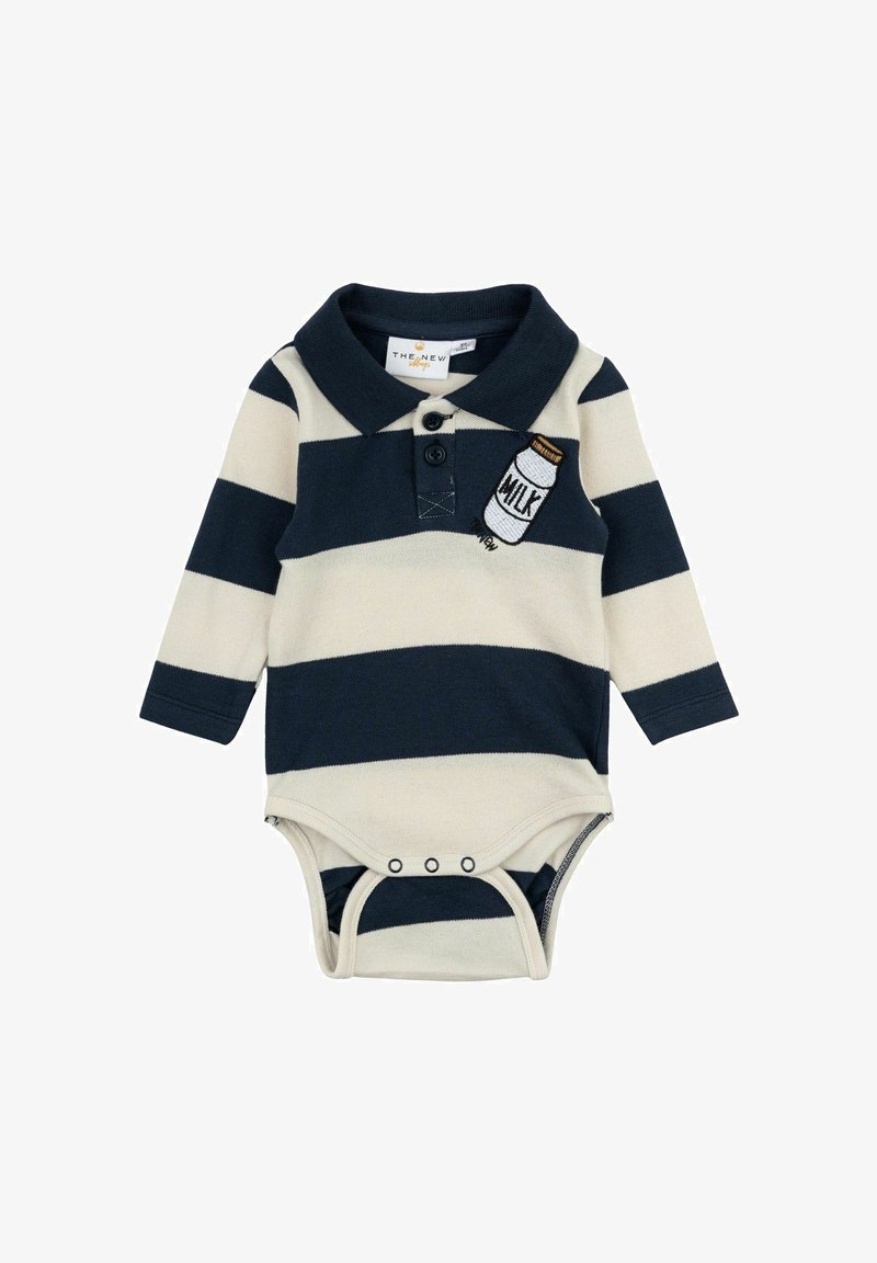 Bodysuit a rayas azul marino y crema con cuello tipo polo, que presenta un parche bordado de una botella de leche y cierre a presión en la parte inferior.
