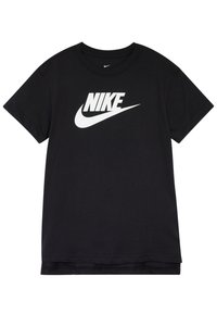 T-shirt nera a maniche corte in cotone, con un grande logo Nike bianco sul davanti. Design semplice con collo tondo, tessuto liscio.