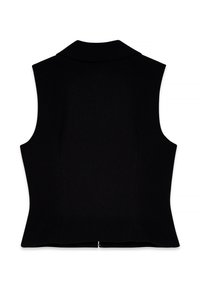 Must ütlesdega kaela ja käteta must vest, millel on keha külge liibuv vorm ja sile tekstuur. Taga on äärtesse paigaldatud lukuga nööpauk. Lihtne ja minimalistlik disain.