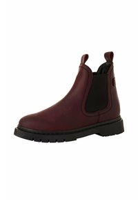 Bota chelsea de cuero burdeos con paneles laterales elásticos, punta redondeada y suela negra robusta. Presenta un tirador para facilitar su uso.